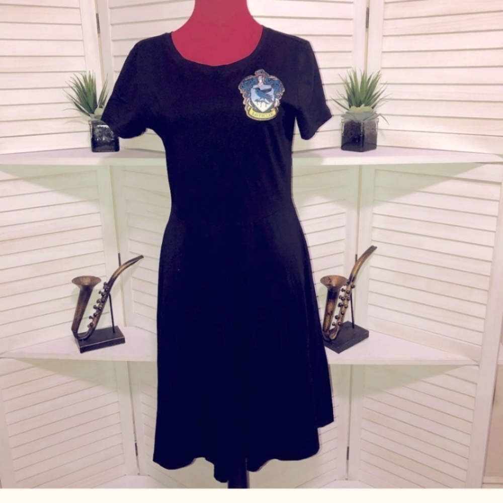 Black Short-Sleeve A-Line Dress with Crest Patch